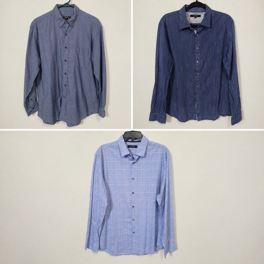 Alfani Perry Ellis Size Large Button Down Shirts Mens Bundle Blue Plaid Slub 3pk